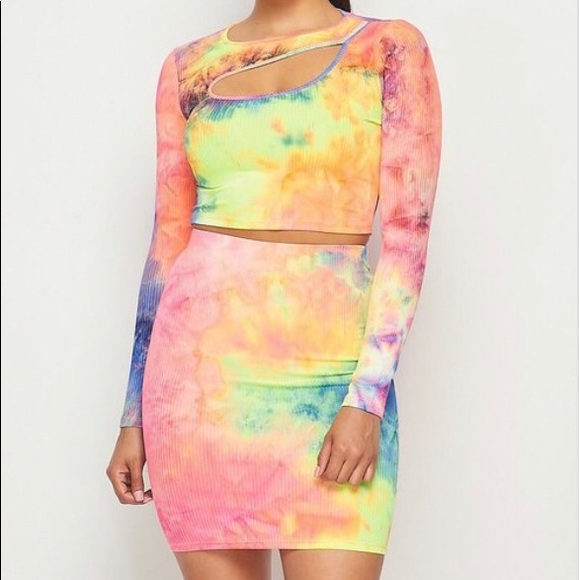 LOVE J Tie Dye Multi Neon Color Crop Top Skirt Set - Picture 6 of 12